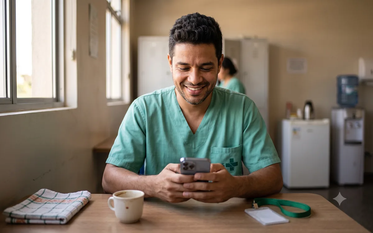Profissional da saúde no intervalo do plantão conversando pelo WhatsApp