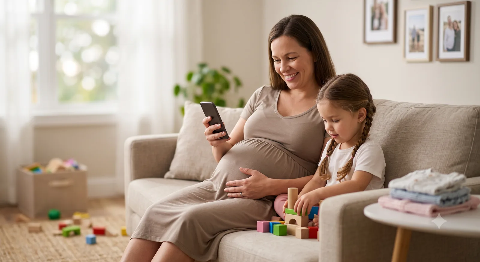 Gestante em casa com a mão na barriga