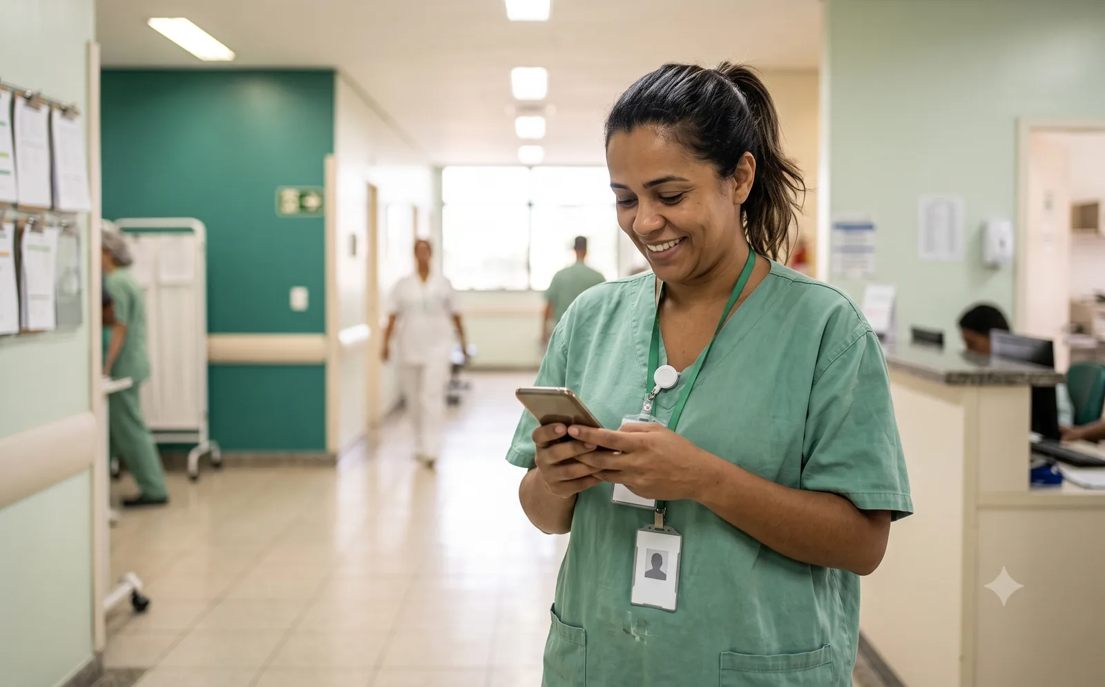 Enfermeira com dois crachás no corredor do hospital, olhando o celular com alívio